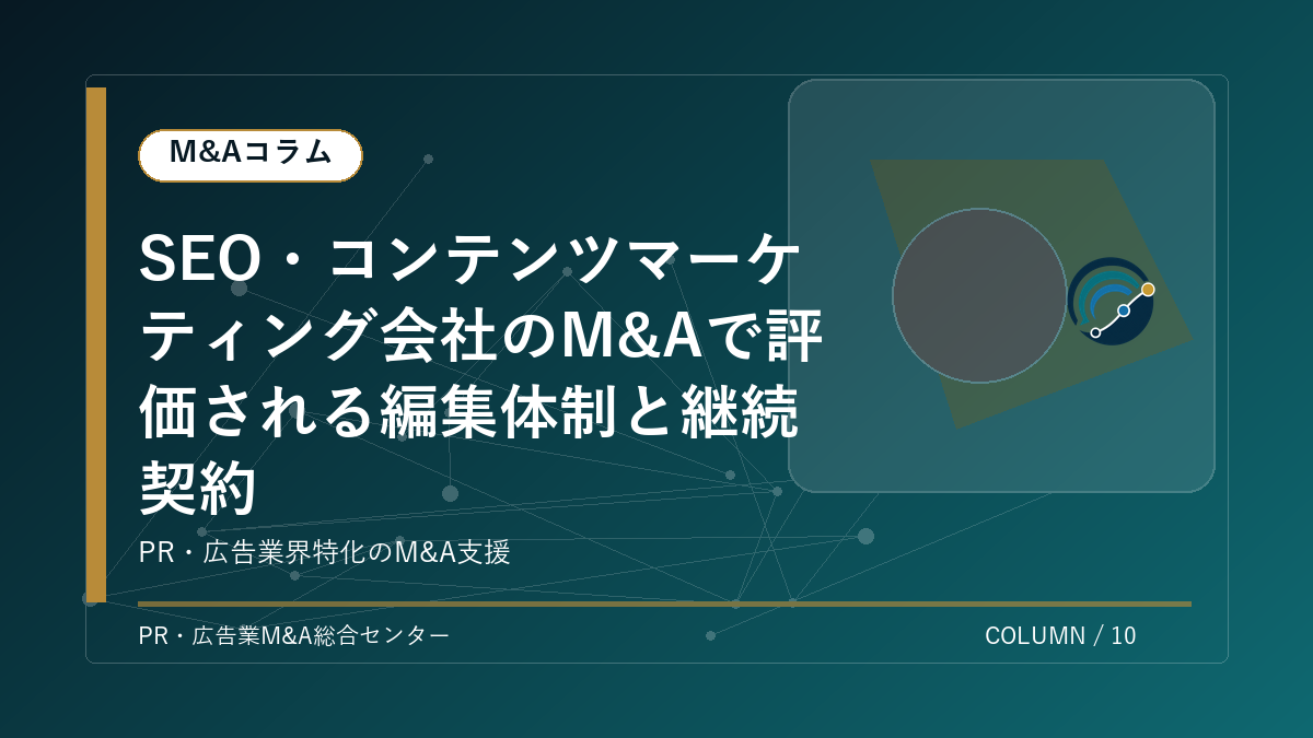 【PR・広告業界M&Aコラム】SEO・コンテンツマーケティング会社のM&Aで評価される編集体制と継続契約 アイキャッチ