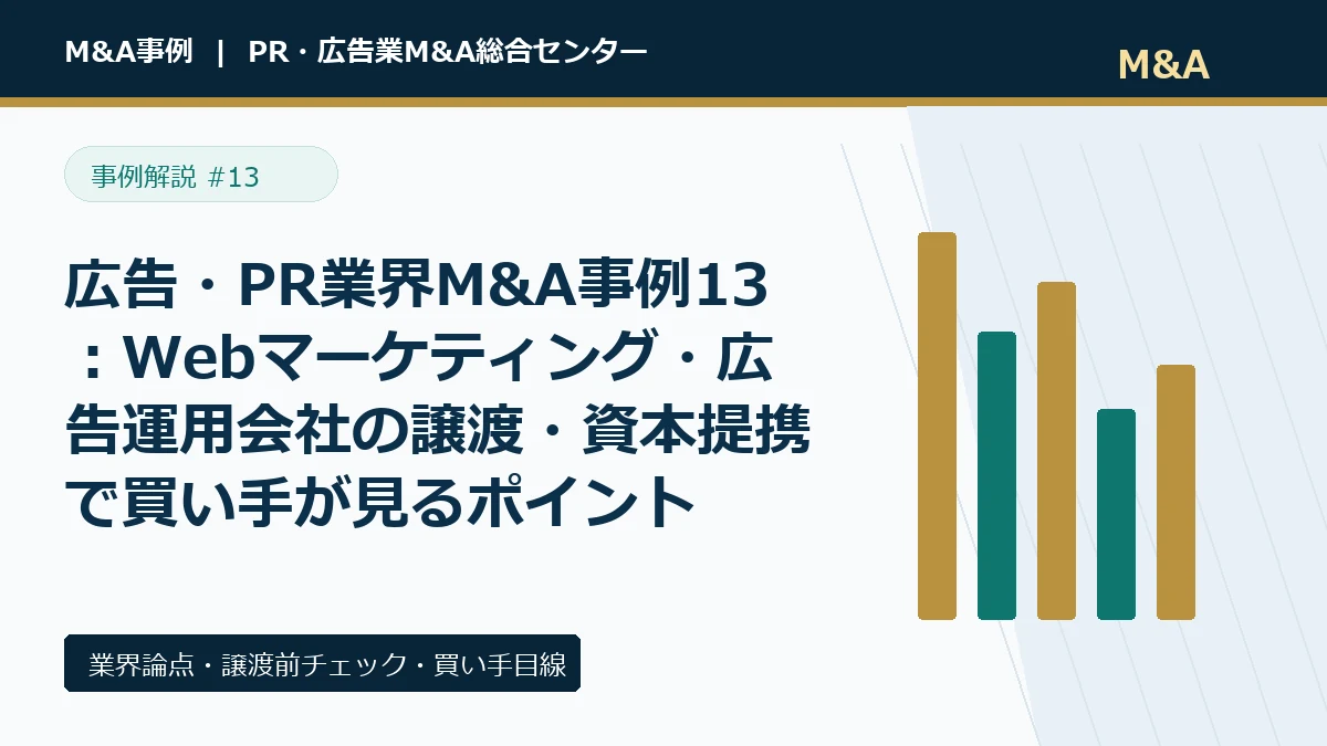 広告・PR業界M&A事例13:Webマーケティング・広告運用会社の譲渡・資本提携で買い手が見るポイントのアイキャッチ画像