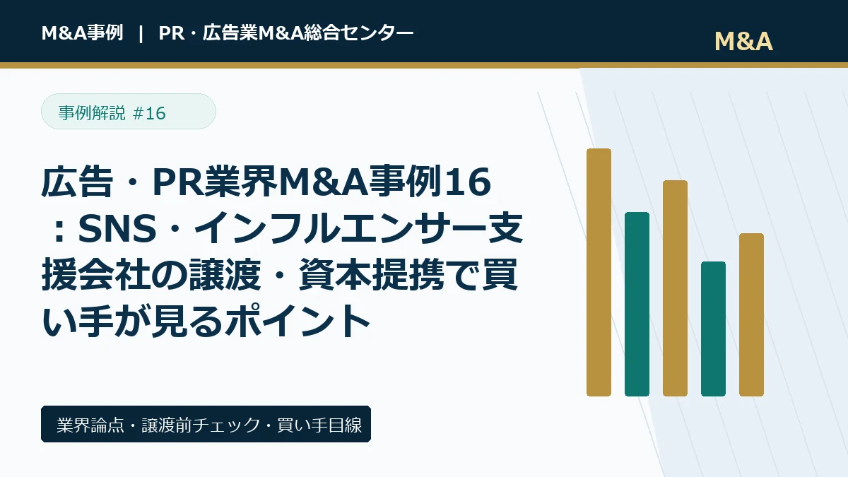 広告・PR業界M&A事例16:SNS・インフルエンサー支援会社の譲渡・資本提携で買い手が見るポイントのアイキャッチ画像