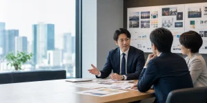 広告会社のM&A相談で媒体資料を確認する経営者とアドバイザー