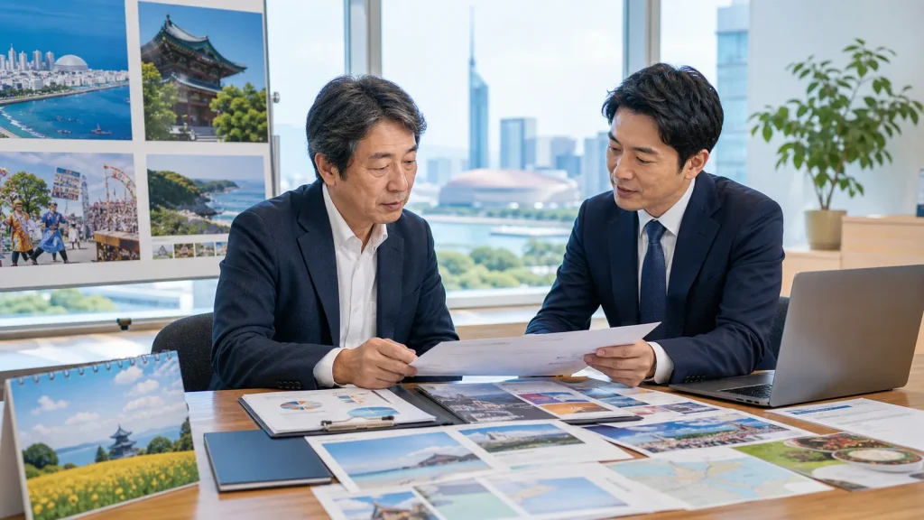 福岡・九州の広告会社M&Aで観光PRと地域企業販促の承継を相談する経営者とアドバイザー