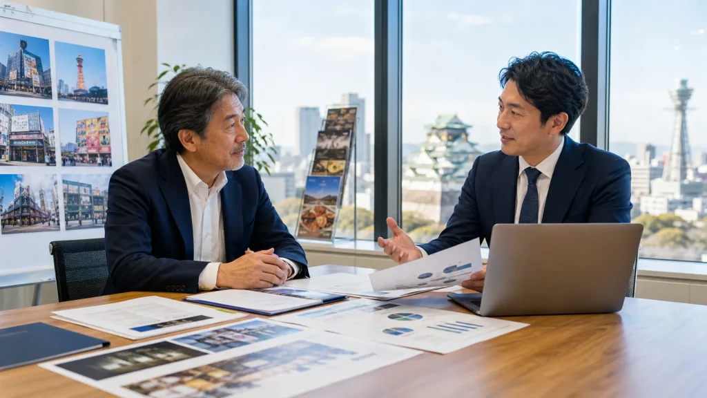 大阪・関西の広告会社M&Aで地域顧客基盤と販促実行力の承継を相談する経営者とアドバイザー