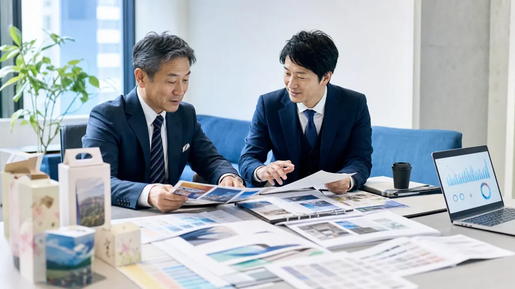 印刷会社・販促制作会社のM&Aで紙媒体資料とWeb提案を確認する経営者とアドバイザー