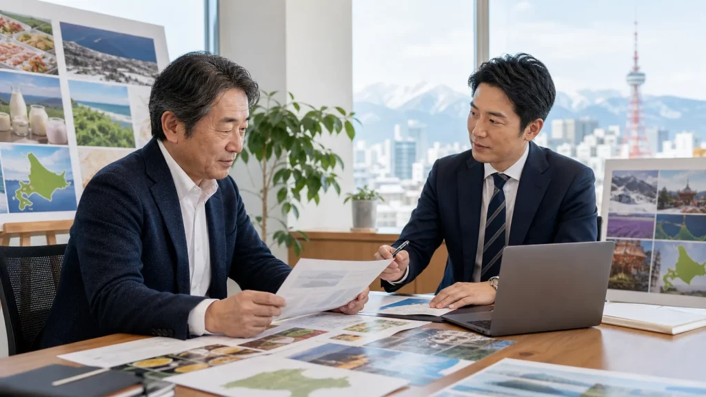 札幌・北海道の広告会社M&Aで食品ブランドと観光PRの承継を相談する経営者とアドバイザー