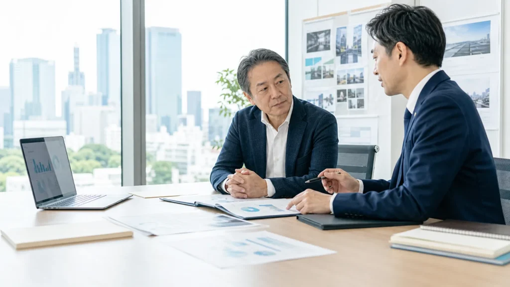 東京の広告会社M&Aで顧客基盤と専門人材の承継を相談する経営者とアドバイザー
