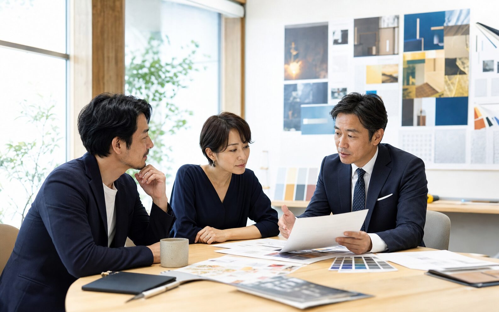 広告会社の経営者とM&Aアドバイザーがブランド資料を見ながら相談する風景