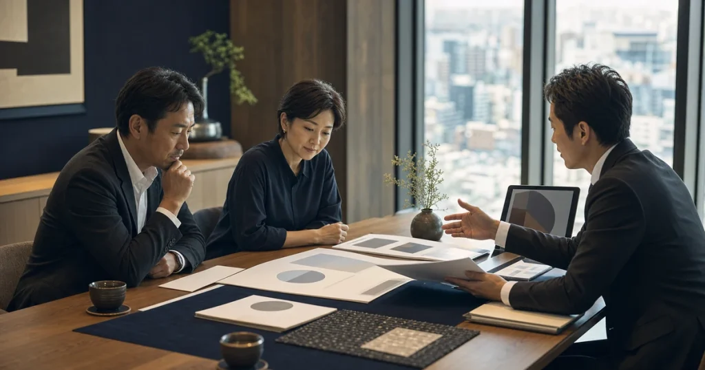 金沢・石川の広告会社M&Aについて資料を確認する経営者と専門家