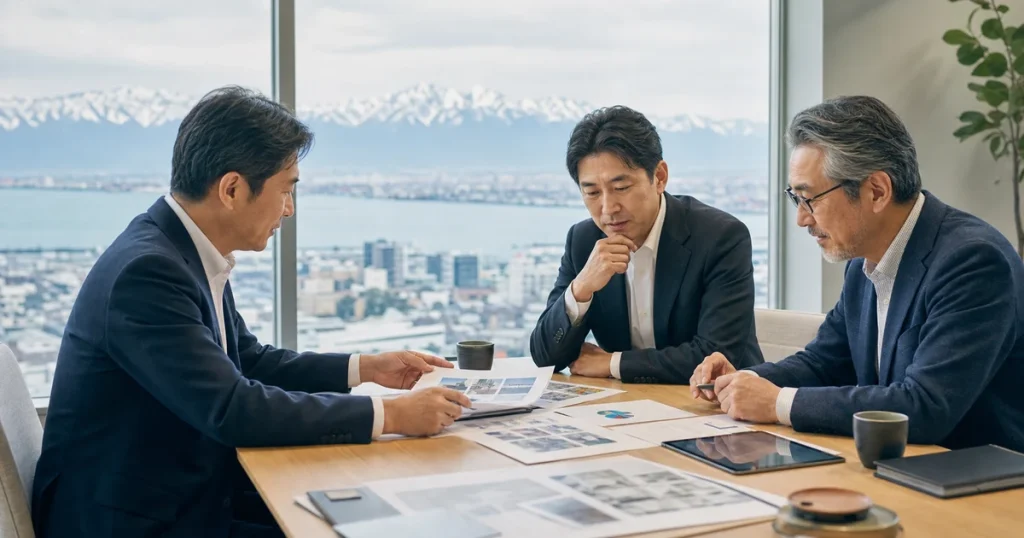 新潟の広告会社M&Aについて資料を確認する経営者と専門家