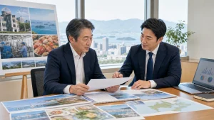 広島・中国地方の広告会社M&Aで製造業販促と瀬戸内観光PRの承継を相談する経営者とアドバイザー