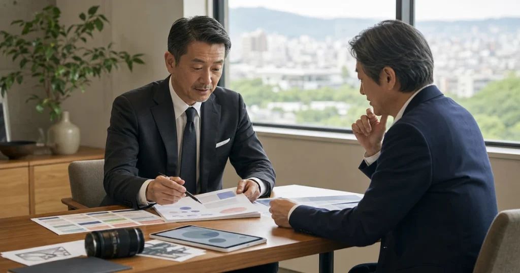 仙台・宮城の広告会社M&Aについて資料を確認する経営者と専門家