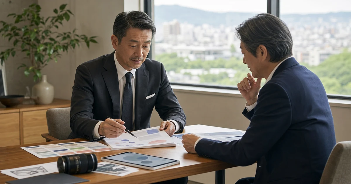 仙台・宮城の広告会社M&Aについて資料を確認する経営者と専門家