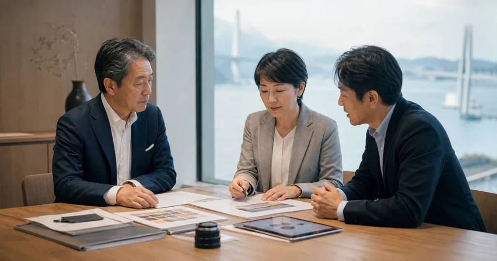 高松・香川の広告会社M&Aについて資料を確認する経営者と専門家