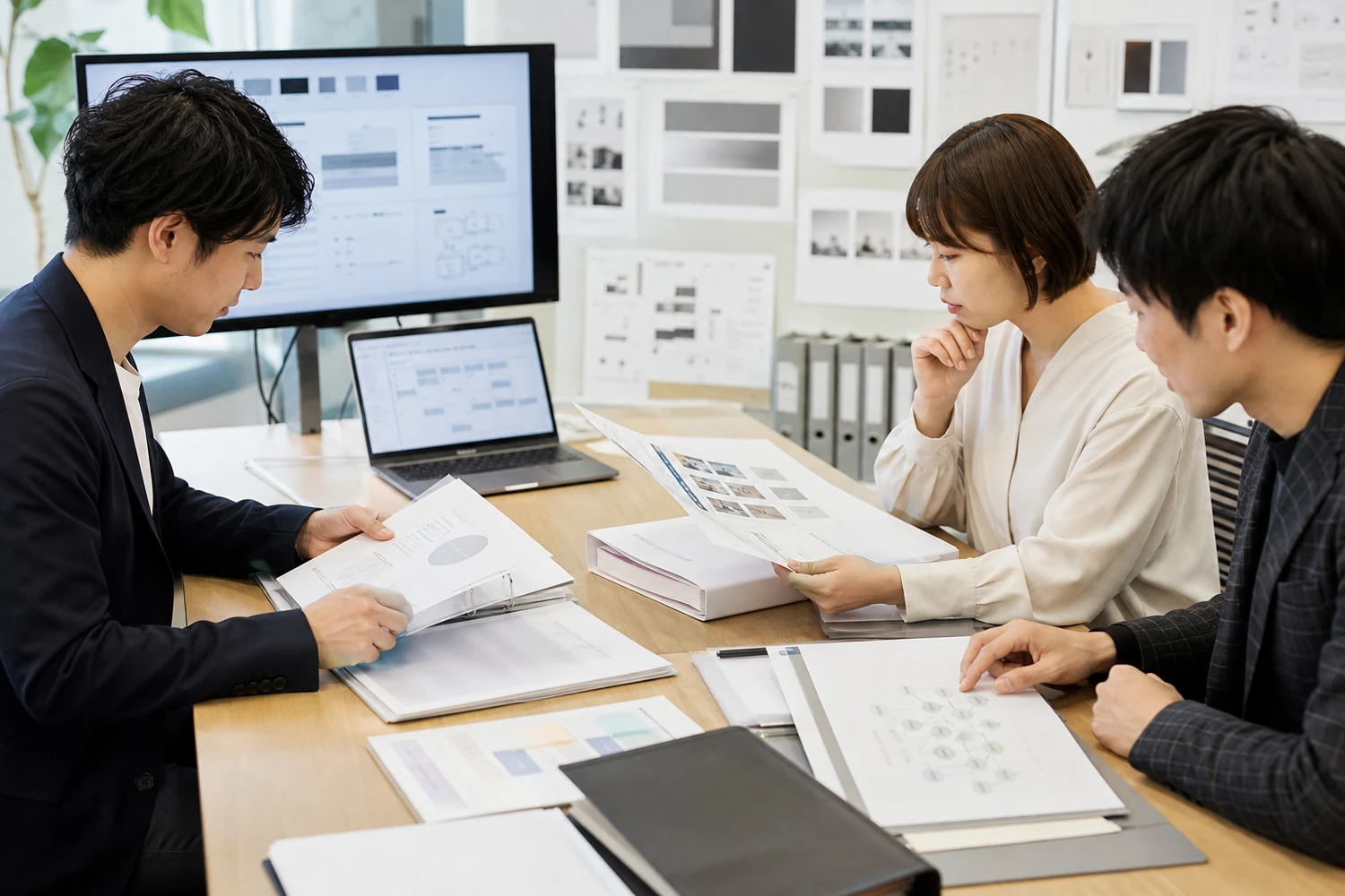PR会社のチームが顧客契約や制作資産を確認するデューデリジェンスの様子