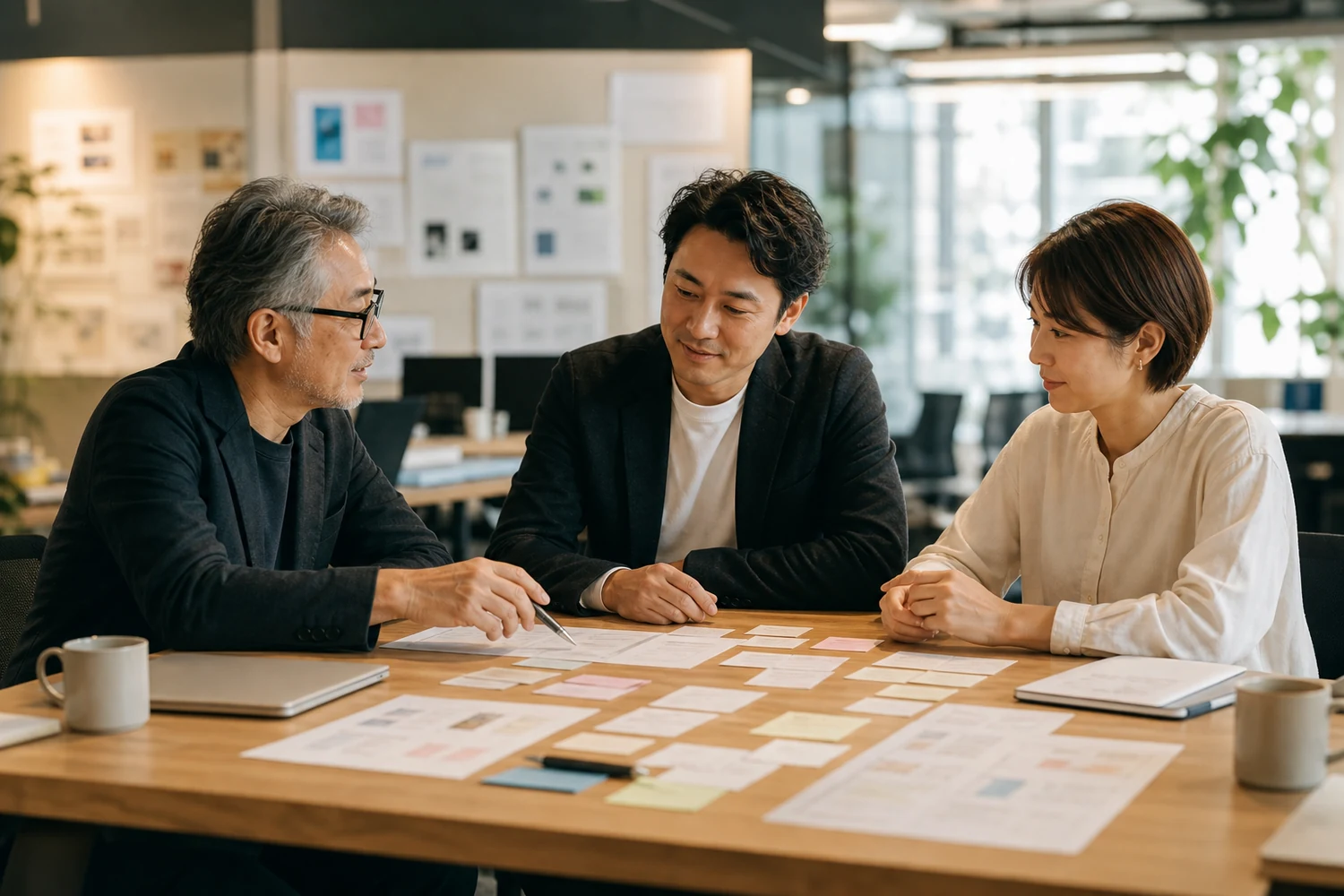 PR会社の経営者と後継者が顧客関係や業務を引き継ぐ打ち合わせの様子