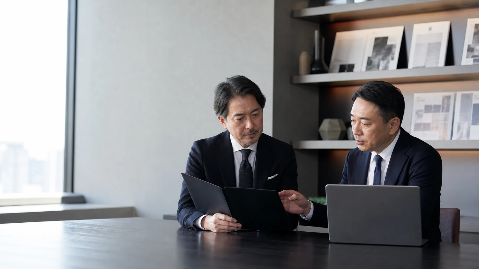 PR会社の経営者とM&Aアドバイザーが事業承継の方針を確認する様子