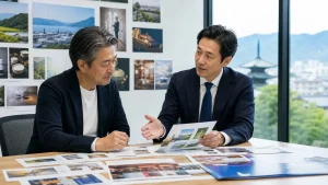 京都・滋賀の広告会社M&Aで観光PRと大学広報の承継を相談する経営者とアドバイザー