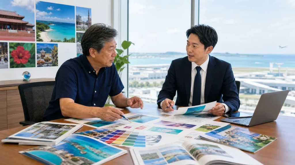 沖縄・那覇の広告会社M&Aで観光PRと多言語広報の承継を相談する経営者とアドバイザー