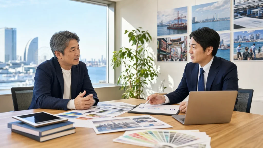 横浜・神奈川の広告会社M&Aで港湾物流と商業施設販促の承継を相談する経営者とアドバイザー